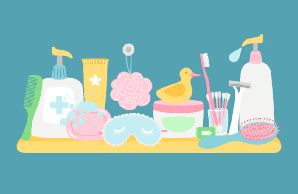 藍色背景下浴室衛(wèi)生用品與化妝品載體的完美融合